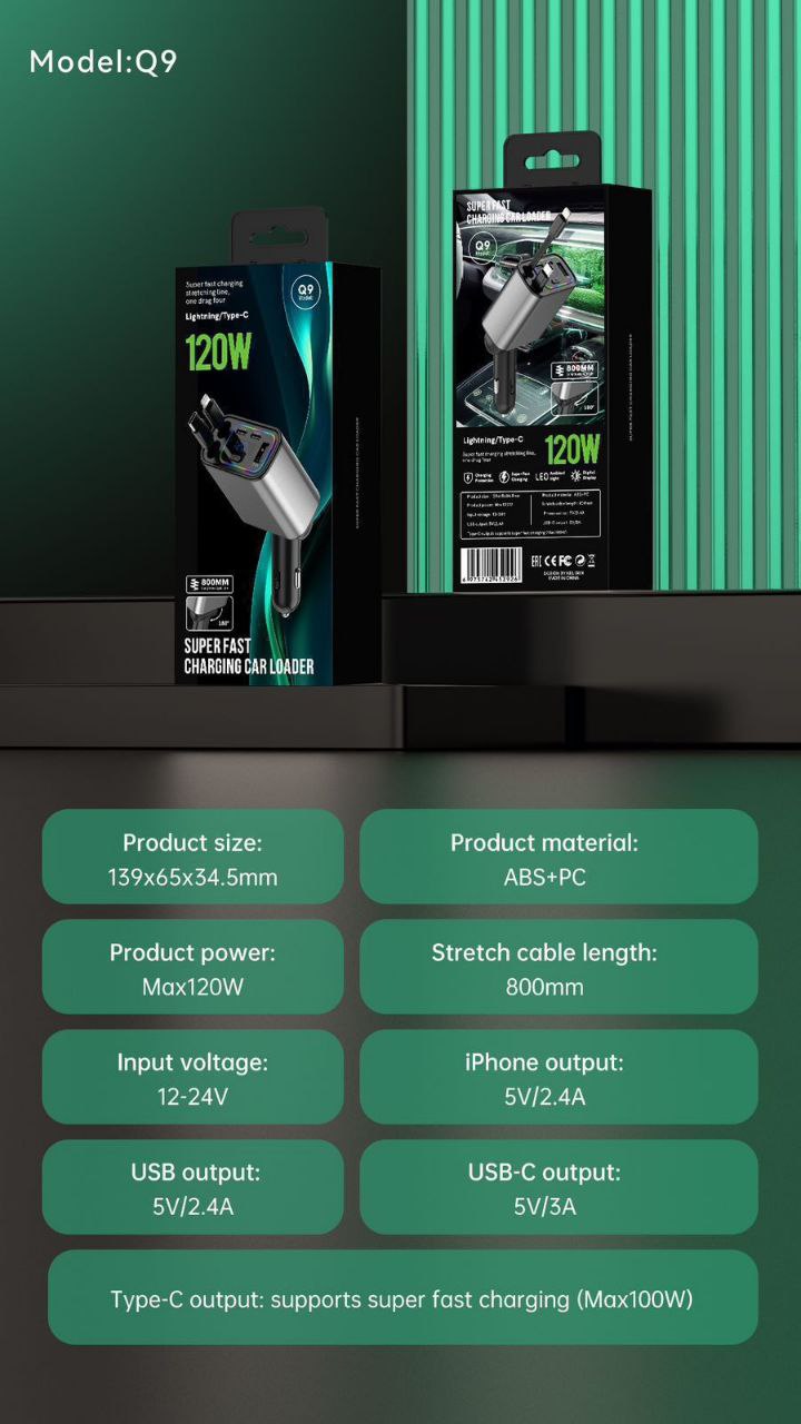 120W Fast Car Charger with 80CM Retractable Lightning Type-C Charging for 4 Devices – Universal Car Mobile Charger for All Smartphones & Tablets (Car Charger)